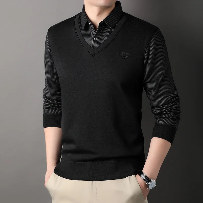 Autumn and Winter New Collection with Fleece Fake Two Piece Long Sleeved Polo Shirt for Men Fashionable and Casual Versatile Top