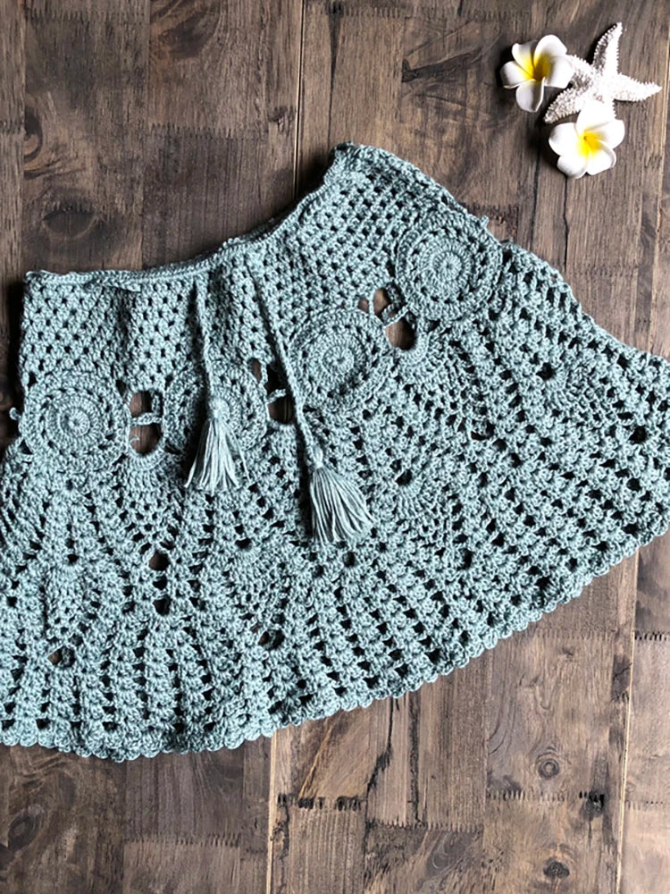 New Sexy Crochet Tassel Beach Skirt Cotton Swimsuit Fused Skirt Casual Beach Running Lace See Through Slim Mini Skirts