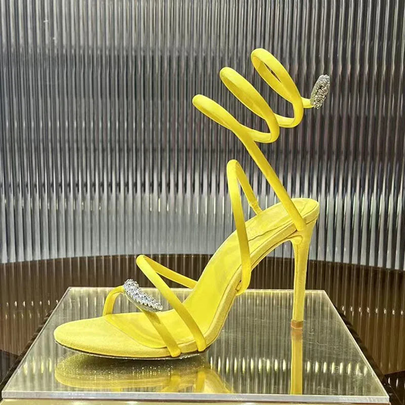 Summer High Heels Sandals Woman Butterfly-knot Rhinestone Snake Twine Around Ankle Strap Wedding Shoes Thin Heels Sandals Women