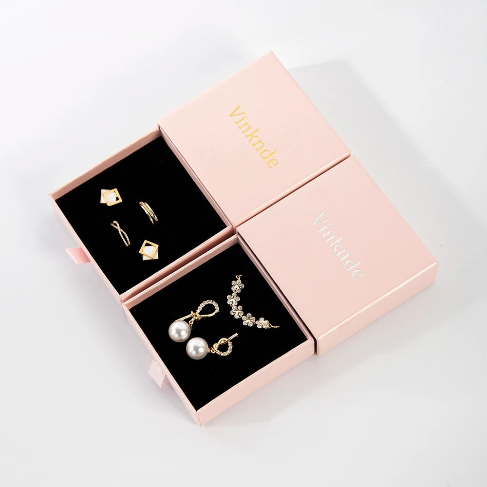 Wholesale 24pcs Custom Jewelry Packaging Box with logo Pink Cardboard Drawer Sliding Jewellery Earrings Ring Necklace Gift Boxes
