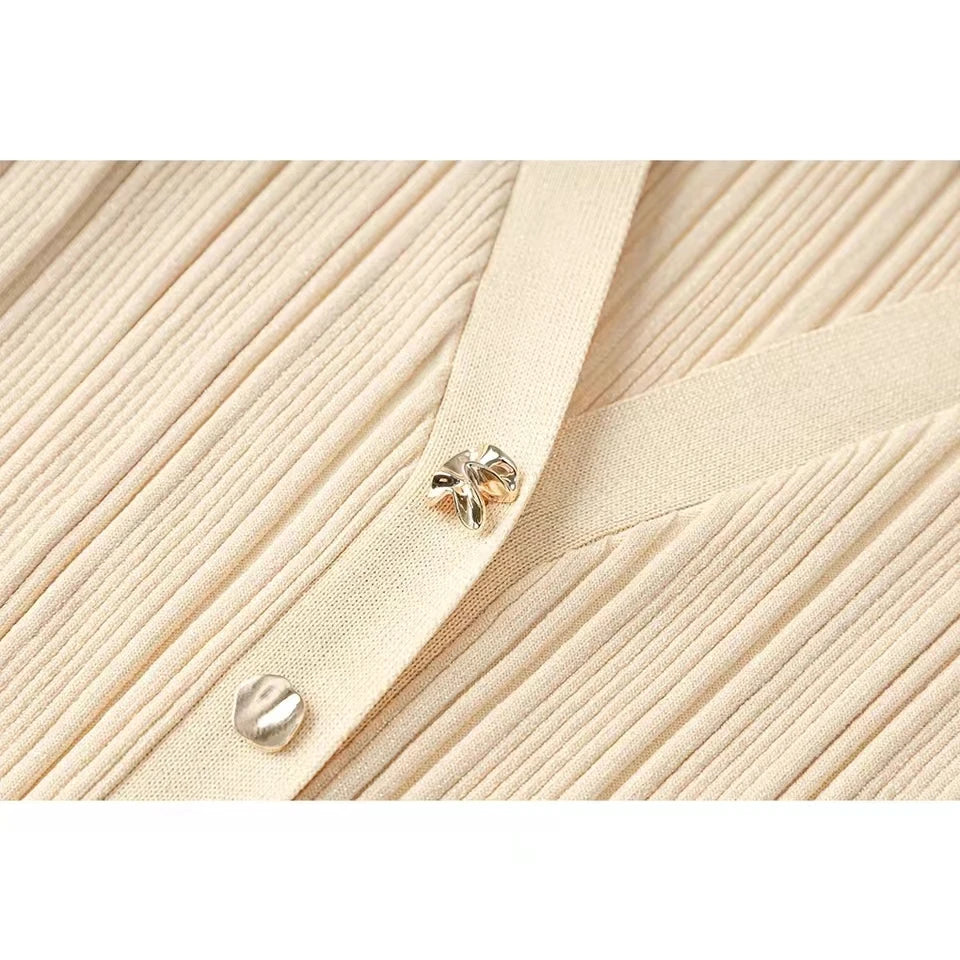 Elegant Evening Dress Women V Neck Long Sleeve Patchwork Button Pleated Sweater Dresses 2024 Autumn Winter Knit Maxi Dress