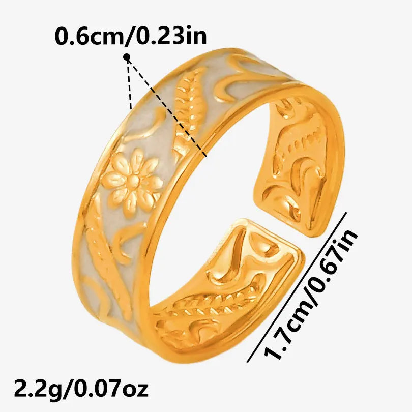 Elegant Ring Enamel Stainless Steel Rings For Women Men Accessories Flower Plant Jewelry Open Adjustable Real Gold Plated Bagues