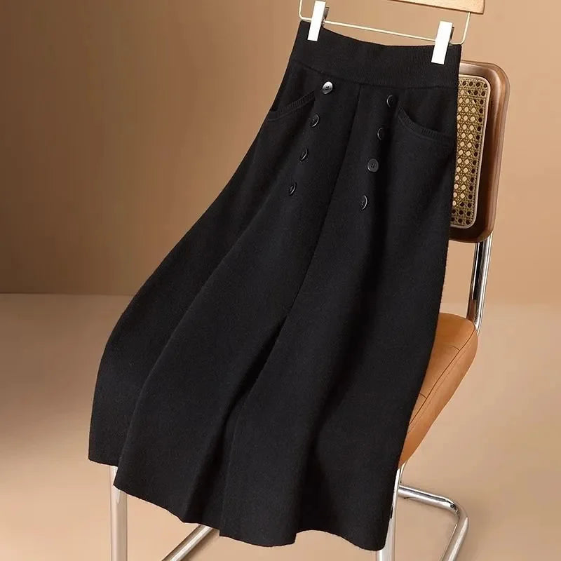 Women Knitted Skirt 2025 Autumn Winter New Loose Oversized Button Elastic Skirts Female Knitt Skirt Warm Women's Clothing