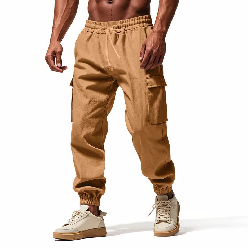2025 New Men's Cotton and Linen Multi Pocket Ankle Pants, Loose Drawstring Pants Workwear Sports Trend Men's Pants