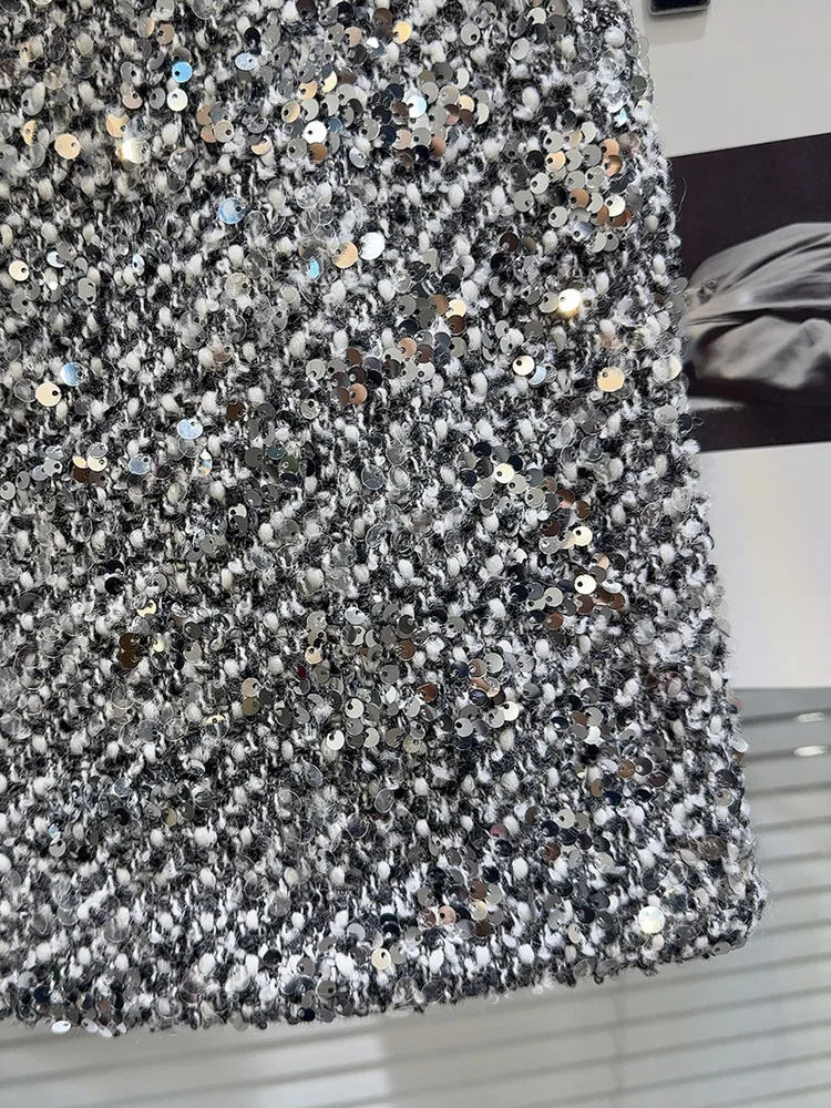 DEAT Trendy New Collection Women's Sequins Tweed Skirts 2025 Spring Fashion Zipper High Waist Wrap Hip Skirt Female 11XX7555