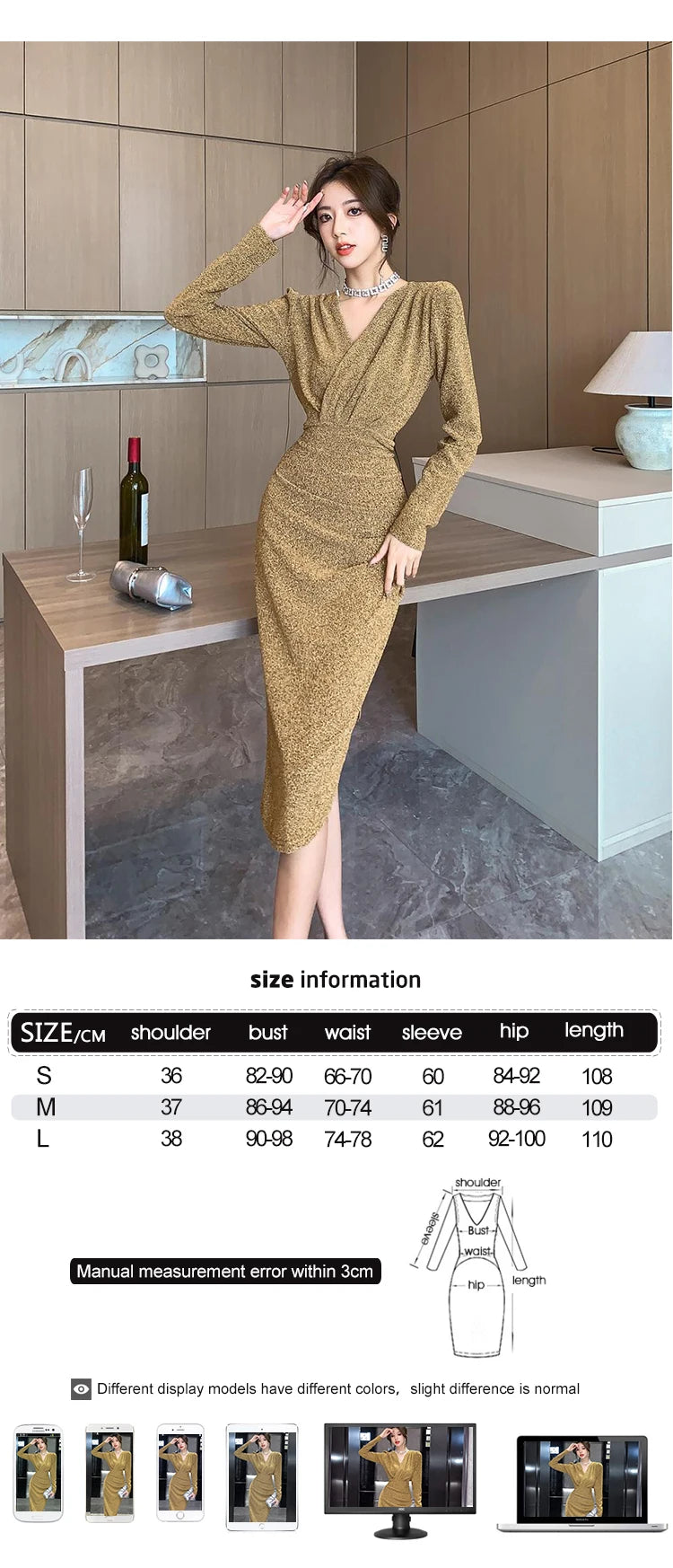 Women Clothes Casual Glitter Shiny Gold V-Neck Folds Slim Asymmetrical Dress Elegant Evening Party Birthday Vestidos Spring New