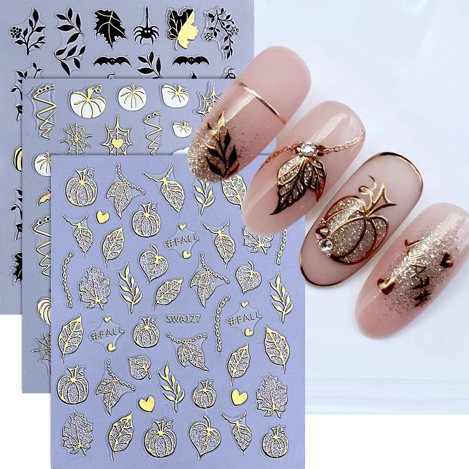 3pcs Autumn Nail Art Stickers Decal Golden Pumpkin Ghost Spider 3D Adhesive Slider for Halloween Thanksgiving Day Manicure Decor