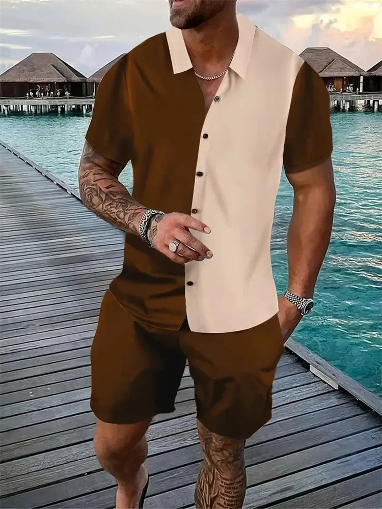 3D Printed Geometric Pattern Men's Shirt Colour Blocking Fashion Button Down Collar Short Sleeve Men's Hawaii Suit Summer Shirt