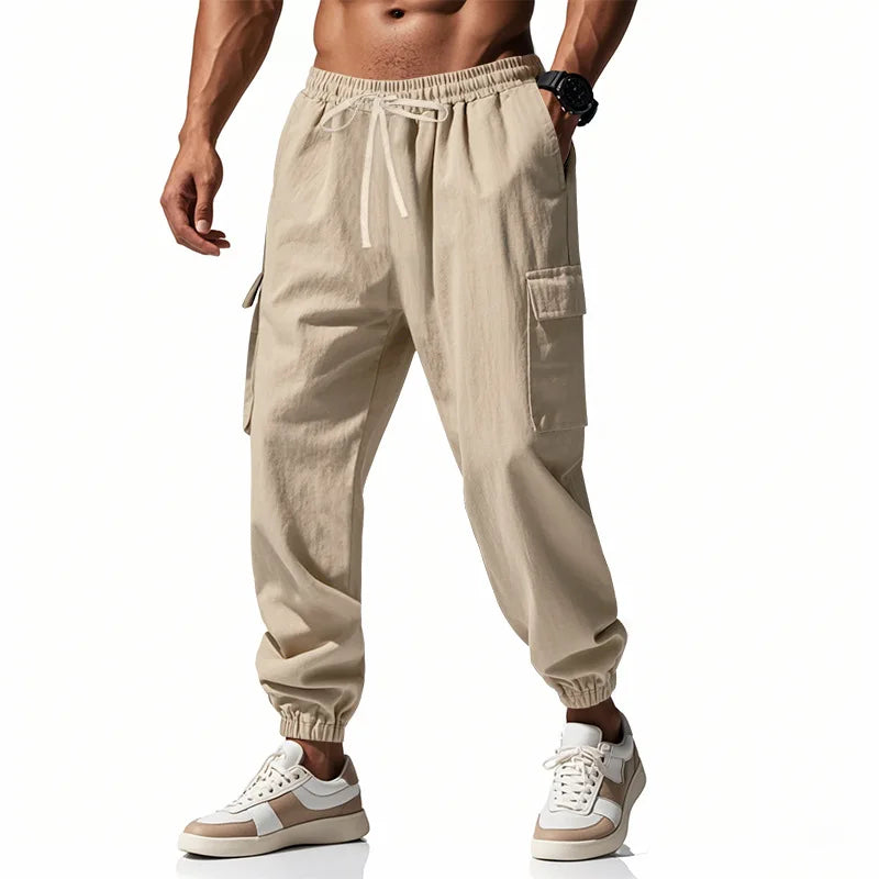 2025 New Men's Cotton and Linen Multi Pocket Ankle Pants, Loose Drawstring Pants Workwear Sports Trend Men's Pants