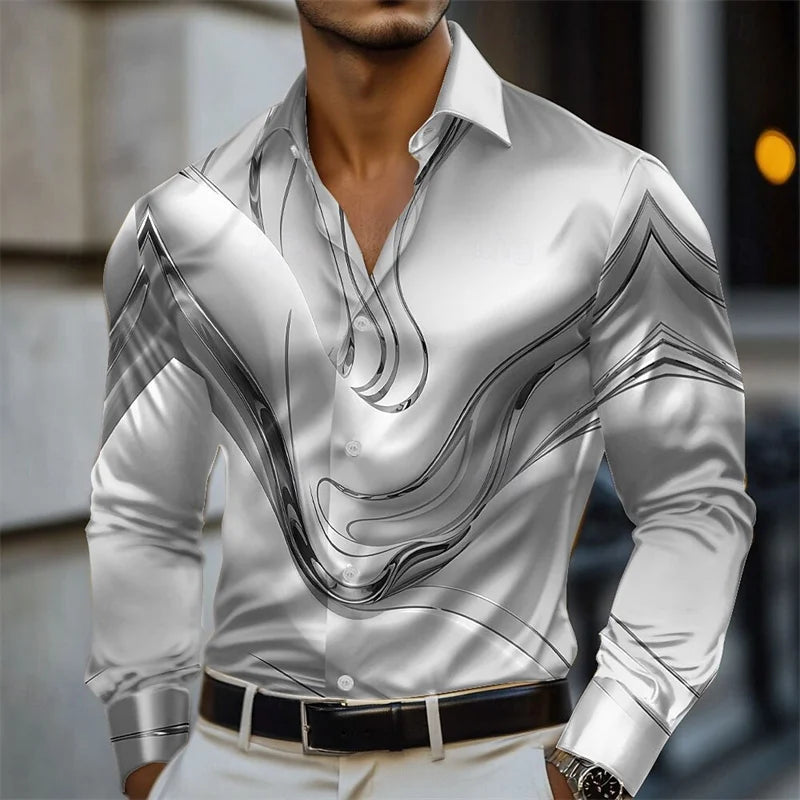 Men's geometric gradient wave satin long-sleeved shirt fashion casual vacation daily summer spring and autumn lapel shirt
