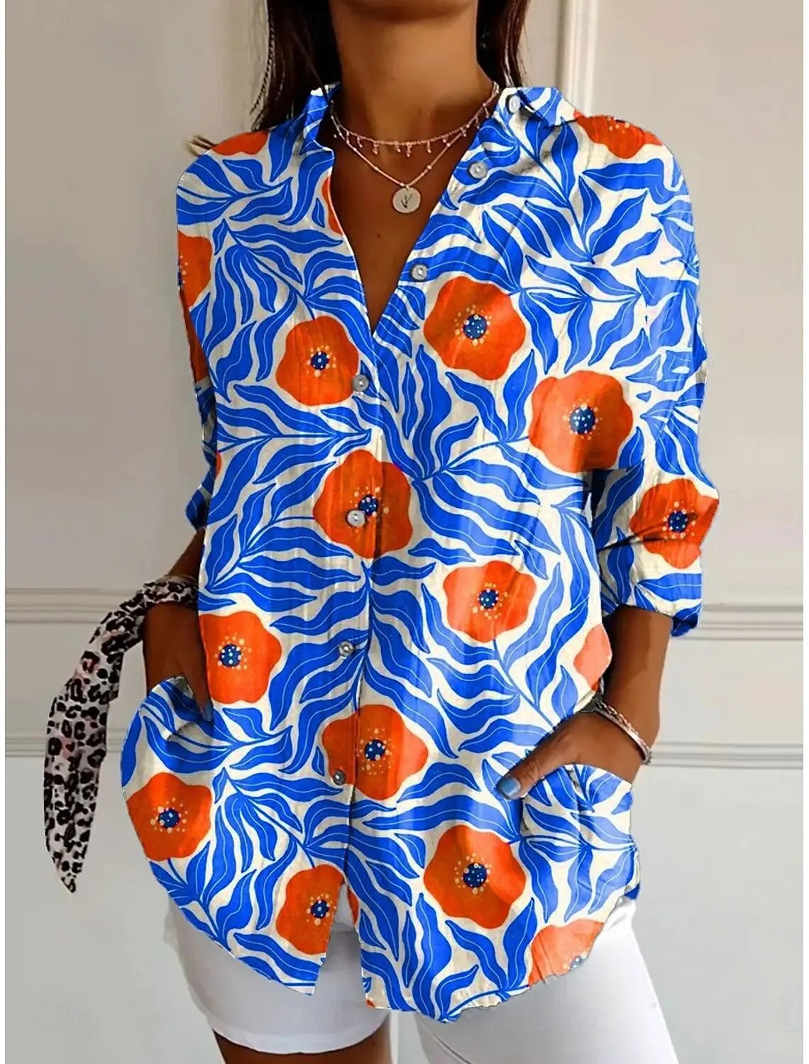 Women's Shirts Floral Active Stylish Buttons Blouse Lapel Neck Blouse Womens Long Sleeve Shirts Womens Clothing Female Clothing