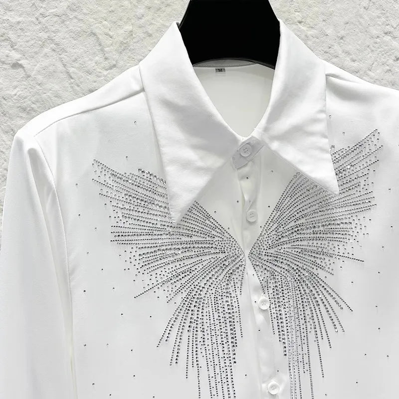 Heavy Industry Butterfly Rhinestone Shirt Men's Korean Version Shoulder Pad Versatile Casual Shirt Stage Performance Streetwear