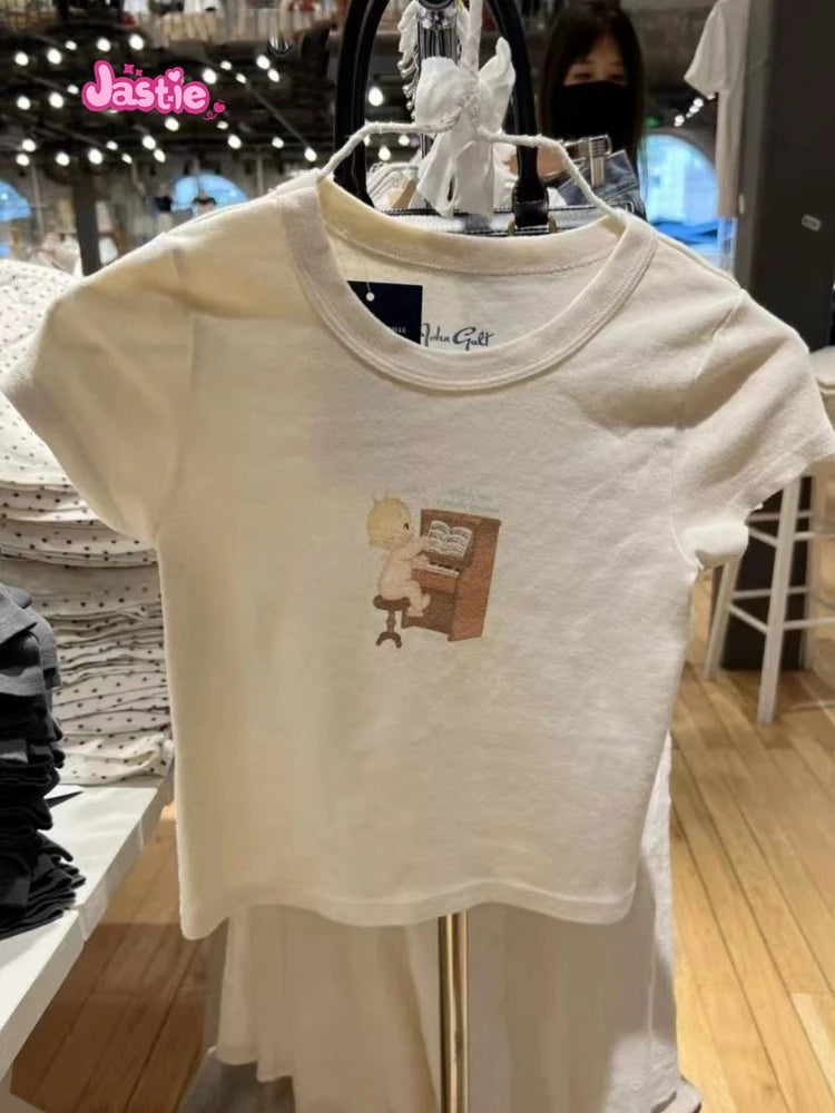 Cartoon Print Beige T-shirts Women 2024 Summer Streetwear Round Neck Short Sleeve T Shirt Female Vintage Chic Y2k Crop Top