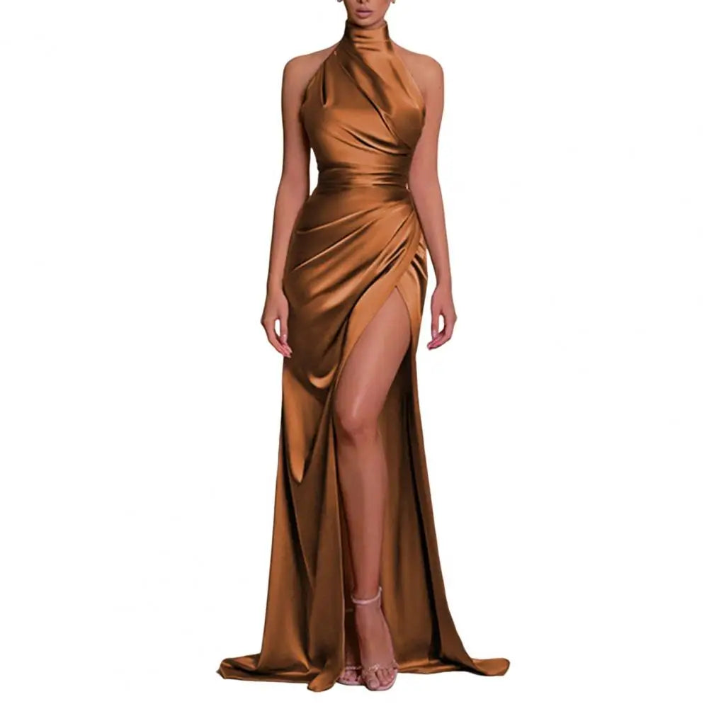Women Party Dress Elegant Halter Neck Off Shoulder Sleeveless Ball Gown Solid Color Pleated High Slit Floor Length Satin Dress