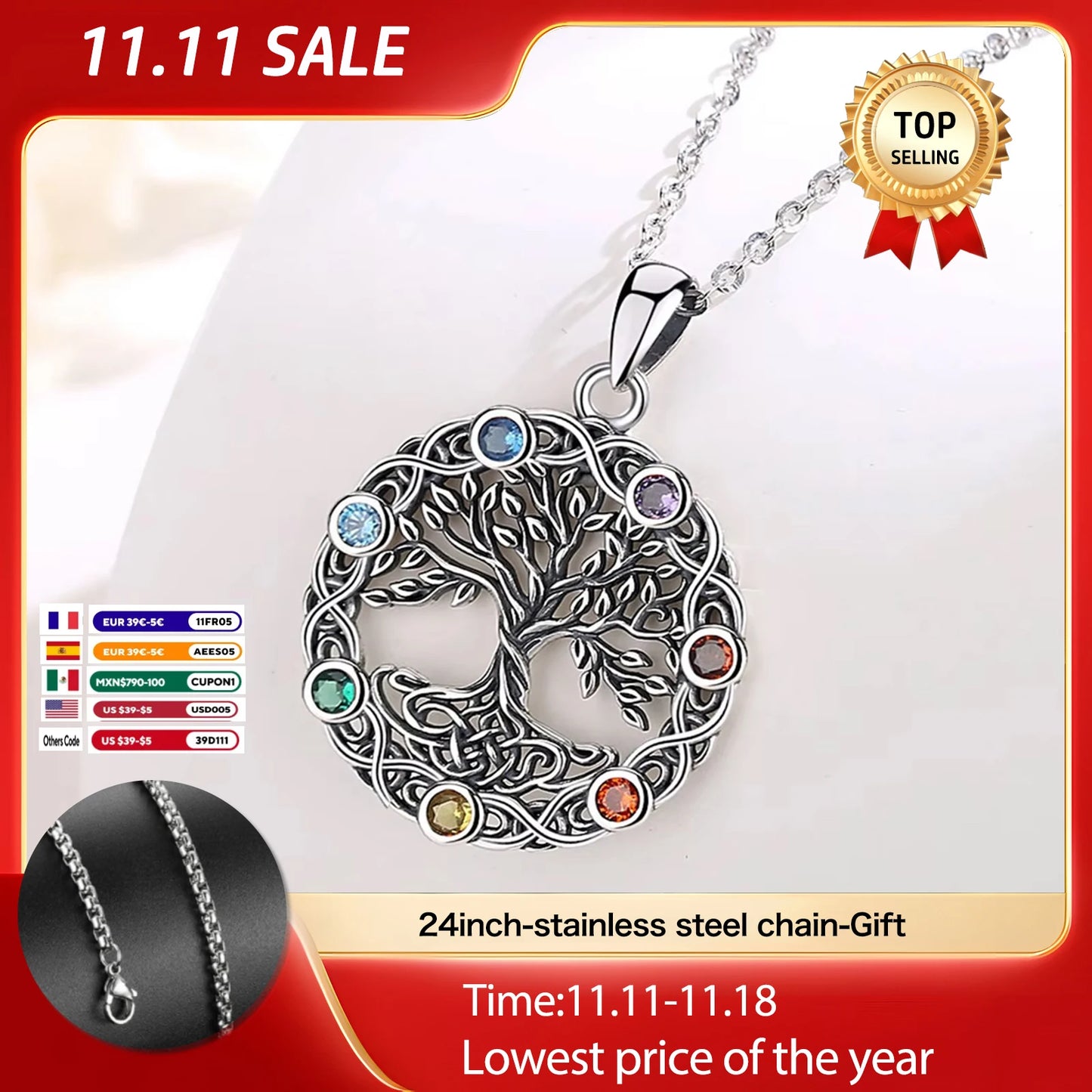 Eudora Original 925 Sterling Silver Tree of Life Necklace for Women Man 7 Color Chakra Pendant Tree Jewelry Mom Grandma Gifts
