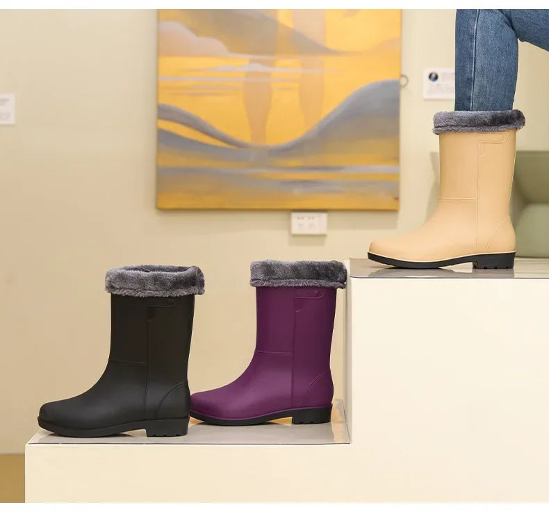 Fashionable Women's Mid-Calf Rain Boots Fleece Lined Anti-Slip Half Boots Adult Rain Shoes Wholesale From China Land