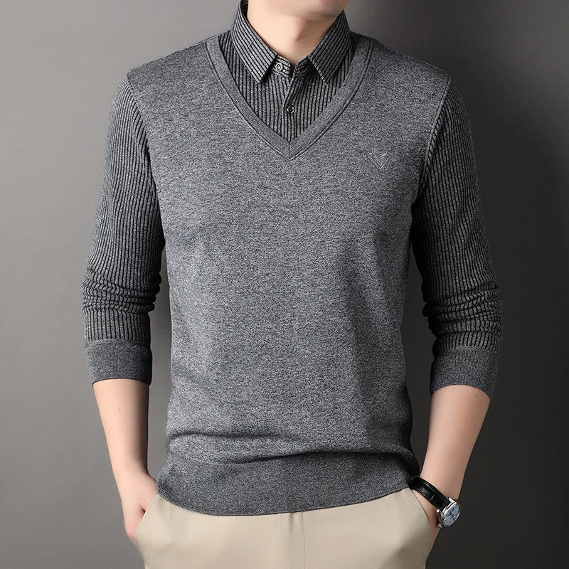 Autumn and Winter New Collection with Fleece Fake Two Piece Long Sleeved Polo Shirt for Men Fashionable and Casual Versatile Top