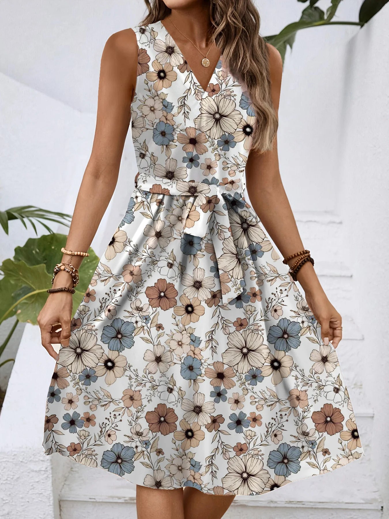 Dress Women Flower Print Dresses Sleeveless V Neck Lace Up Tight Waist Knee Length A Line Office Lady 2025 Summer Vestidos