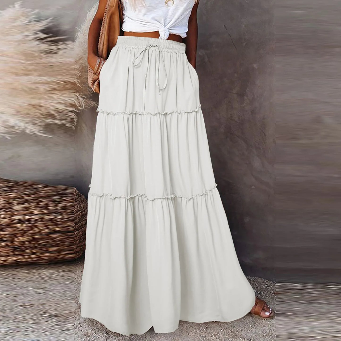 Women long skirt Fashion Solid Color Long Skirts Elastic Waist faldas Loose Casual High Waist saia Versatile Half-Body Dress