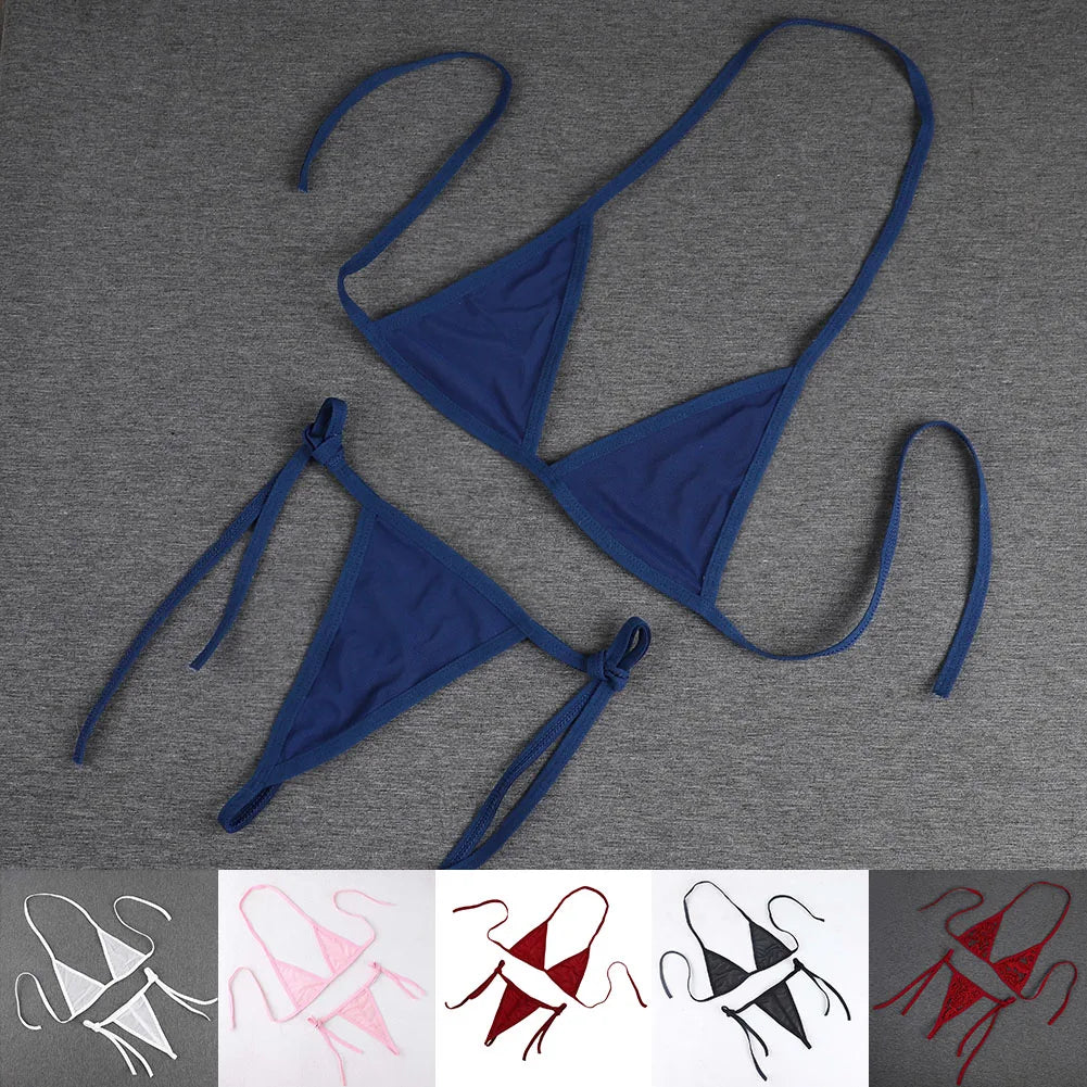 Womens Sexy Lingerie Bikini See ThrougSwimwear 2 Piece Bra With Tie Side Comfortable Thong Solid Color Beachwear Fashion Bustier