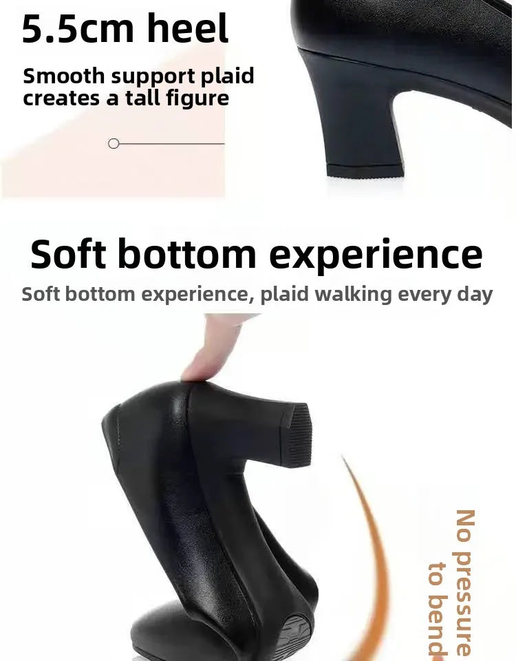 Black Interview Shoes for Women Hotel Work High Heel Soft Bottom Leather Single Shoes Summer Season Adult Footwear
