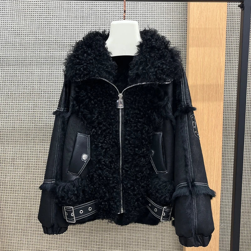 2025 New Real Fur Coat Winter Jacket Women Natural Rabbit Fur Lambswool Collar Luxury Outwear Loose Thick Warm Female Coat