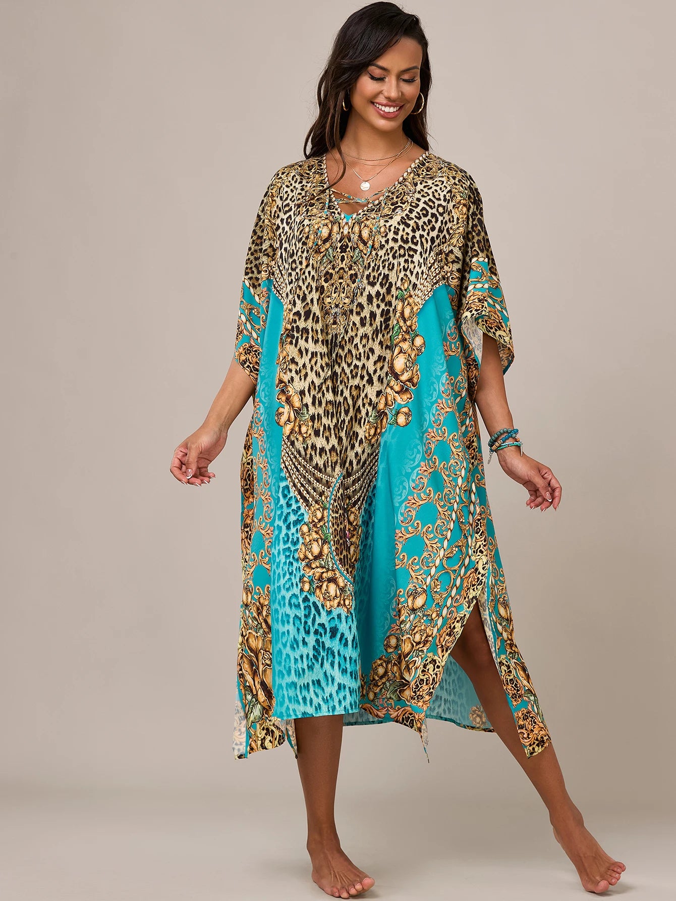 Women's Kaftan Dresses, Colorful Print Mrs Roper Caftan, Bathing Suit Cover Ups Beach Dresses