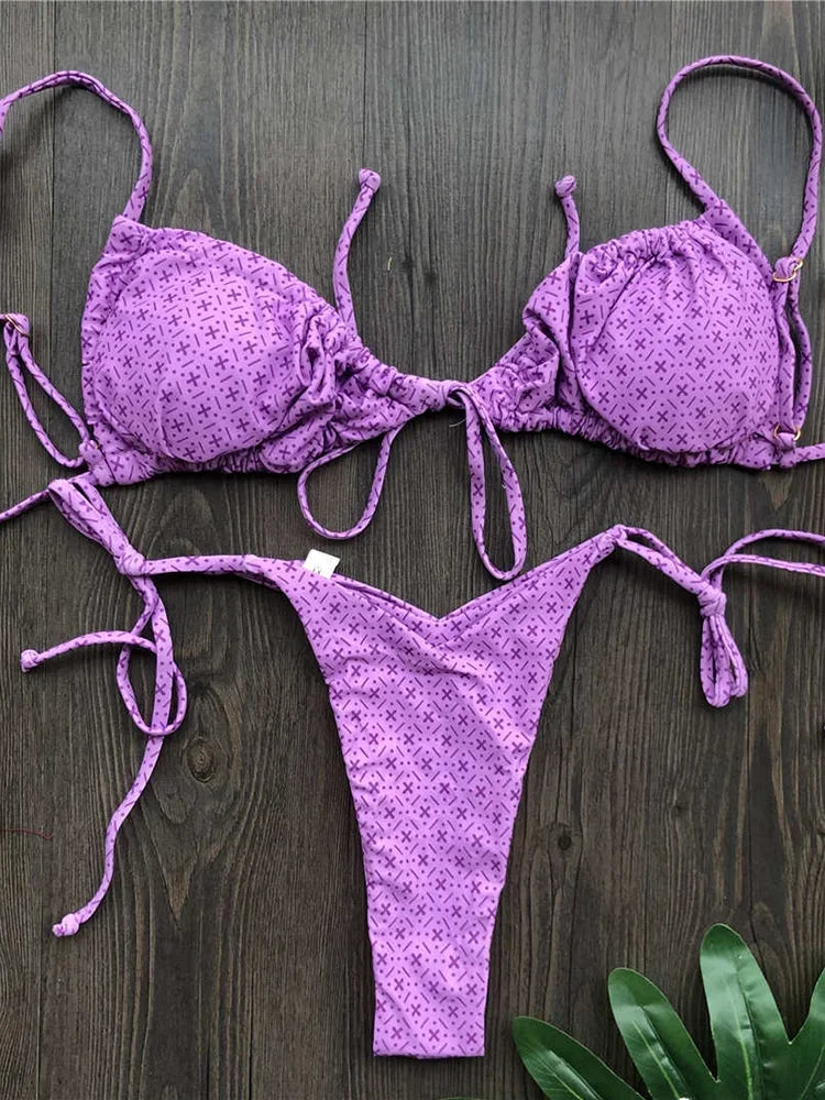 Sexy Printed Ruffled Frilled Thong Bikini Women Swimwear Female Swimsuit Two Pieces Bikini set Micro String Bathing Suit Swim