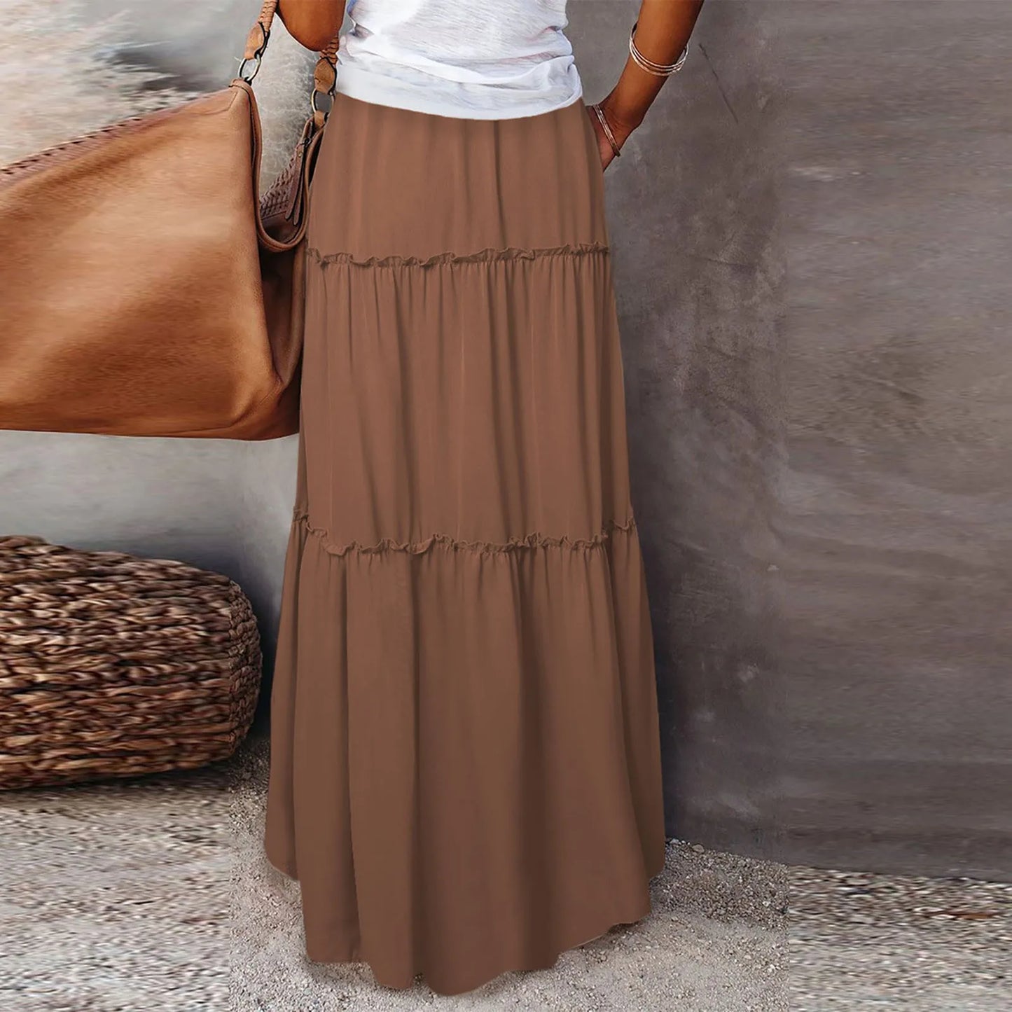 Women long skirt Fashion Solid Color Long Skirts Elastic Waist faldas Loose Casual High Waist saia Versatile Half-Body Dress