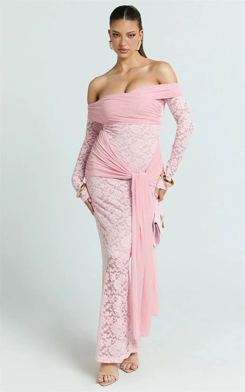 Mozision Off-shoulder Strapless Sexy Maxi Dress Women Gown Elegant Long Sleeve Backless Ruched Draped Club Party Long Dresses