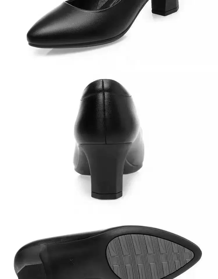 Black Interview Shoes for Women Hotel Work High Heel Soft Bottom Leather Single Shoes Summer Season Adult Footwear