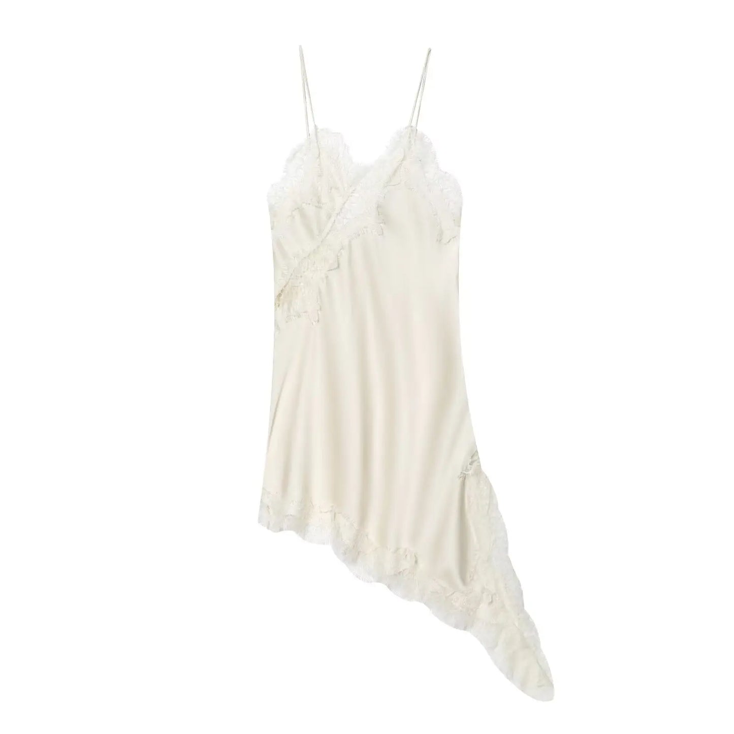 KONDALA Satin Sexy Lace Spliced Short Sling Dress Women Sleeveless Backless Asymmetric Sexy Party Dresses 2025 Autumn Lady Dress