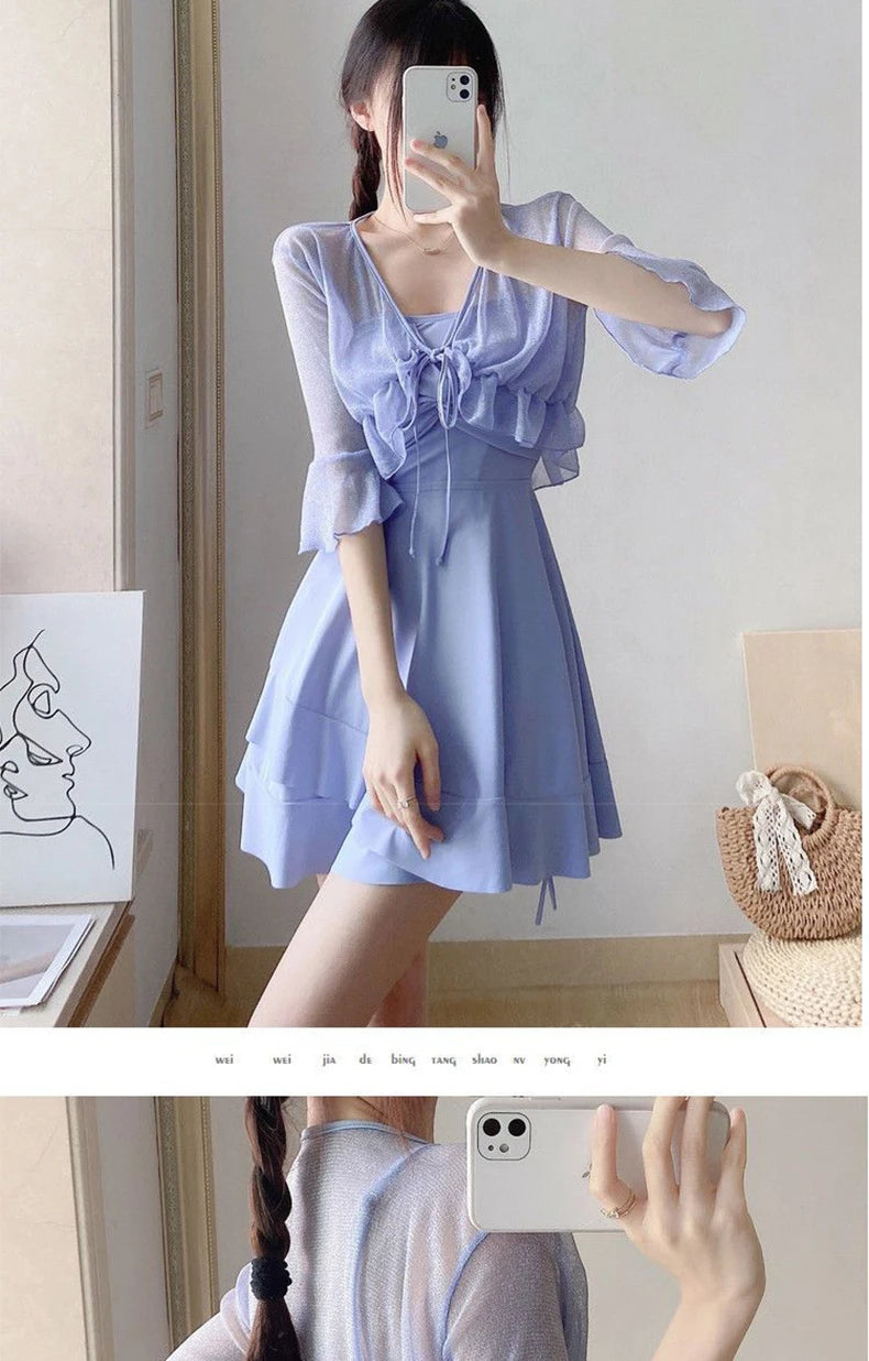 Women's High-End Bikini Tee-Piece Set Skirt Sle Faionable Thermal Spa Swimsuit Meat Covering Slimming Beachwear