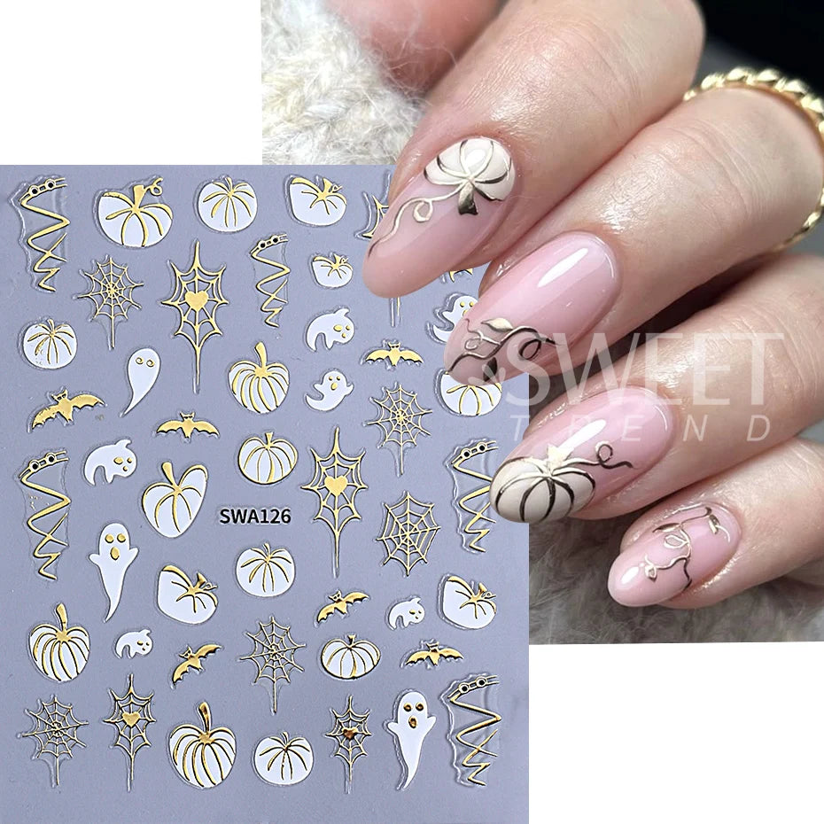 3pcs Autumn Nail Art Stickers Decal Golden Pumpkin Ghost Spider 3D Adhesive Slider for Halloween Thanksgiving Day Manicure Decor