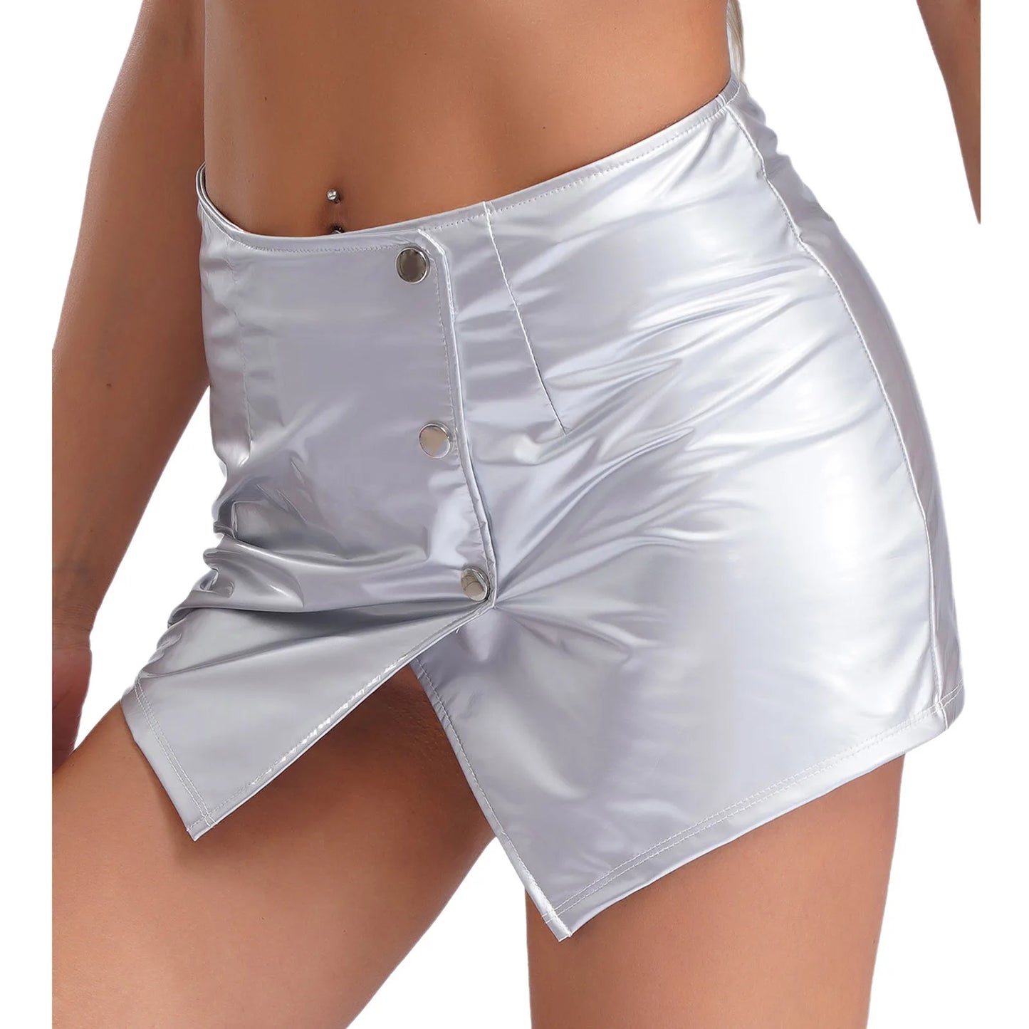 Womens Metallic Sexy Front Split Latex Mini Skirt Shiny Short Skirt Bar Clubwear Holographic Buttons Back Zipper Club Skirts