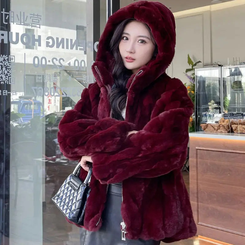 100% Real Rabbit Fur Coat Women Winter Loose Hooded Zipper Natural Fur Jacket Thick Warm Woman Clothing Female Furry Outerwears