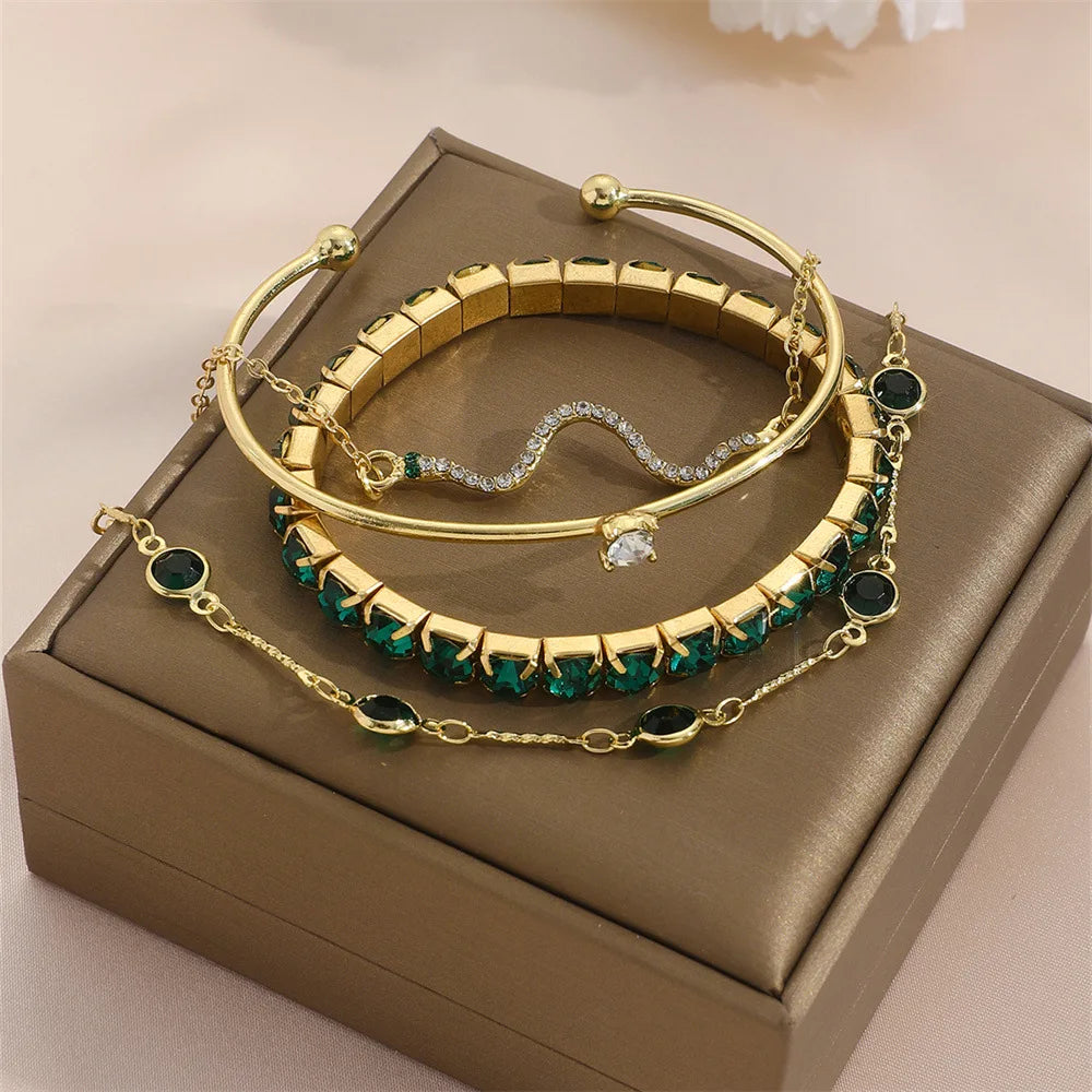 4Pcs/Set Fashion Snake Green Gemstone Bangle Rhinestone Full Metal Bracelet For Women Birthday Party Gift Jewerly