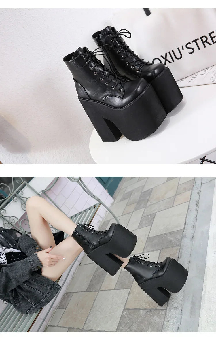 Maogu Women's Boots 2023 Solid High Heel Ankle Boots High Platform Quality Fashion Punk Goth Women Shoes Lace-up Big Size 42 43