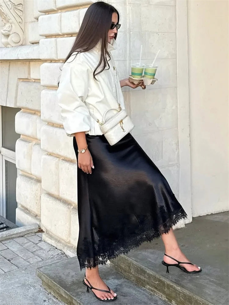Tossy Fashion Autumn Lace Maxi Skirt For Women High Waist Slim Satin Elegant Commute Party Looks Female Printed Lace Long Skirt
