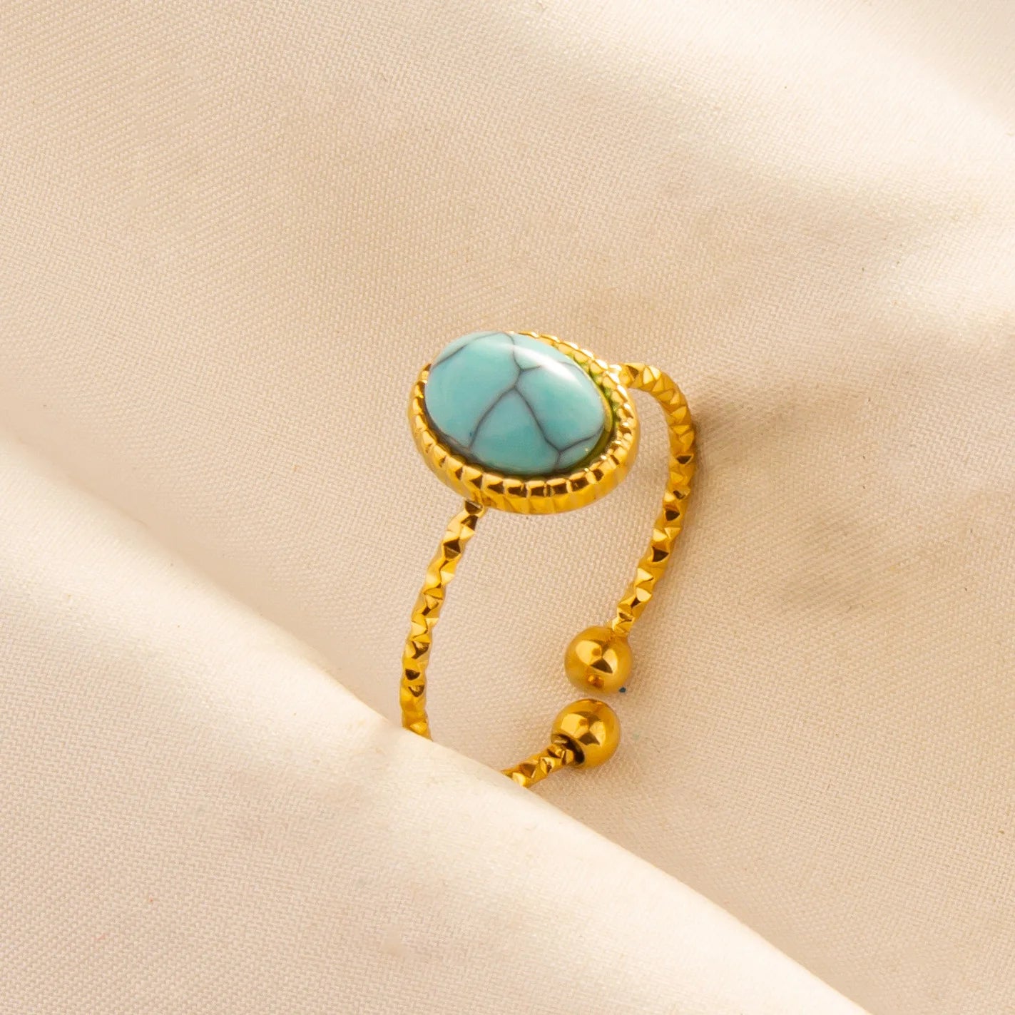 Classic Retro Turquoise Finger Jewelry Stainless Steel Rings For Women Men Accessories Open Adjustable 18k Real Gold Plated Ring