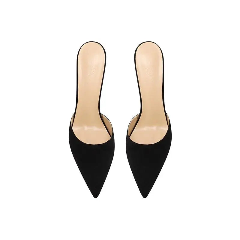 2025 new black suede high-heeled slippers with a warm and sexy temperament, pointed red bottom and slim heels for women