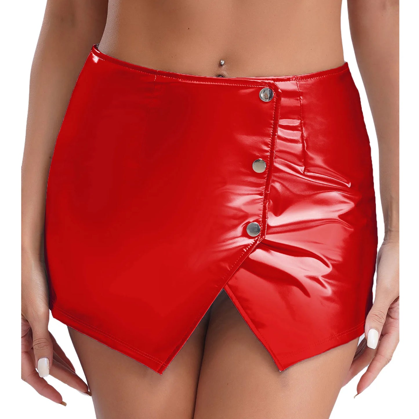 Womens Metallic Sexy Front Split Latex Mini Skirt Shiny Short Skirt Bar Clubwear Holographic Buttons Back Zipper Club Skirts