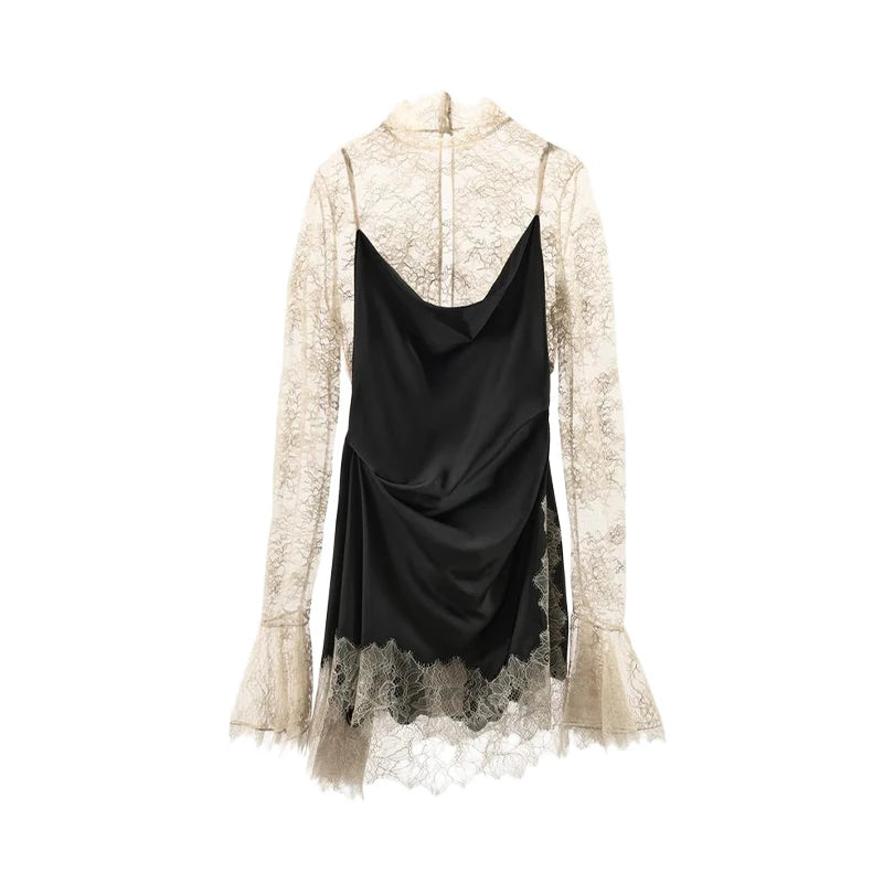Elegant Lace Patchwork Satin Mini Dress Women High Collar Flare Sleeve See Through Party Dresses 2025 Autumn Lady Evening Robes