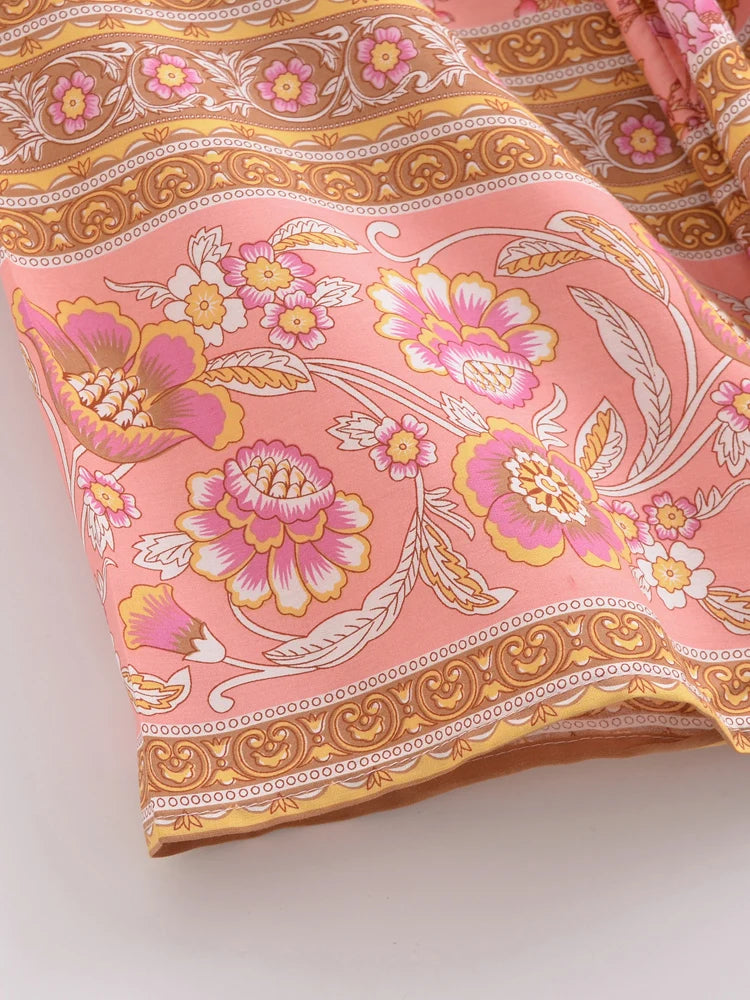 Boho Queens Multi Floral Print Sashes Short Kimono Women Bohemian V Neck Batwing Sleeves Rayon Robe Beach Bikini Cover-up