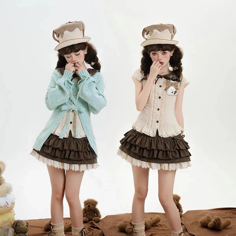 Japanese Sweet Lolita Mini knitting Skirts Women Y2K Harajuku Lace Patchwork Bow Cake Skirt High Waist Fashion A Line Skirts