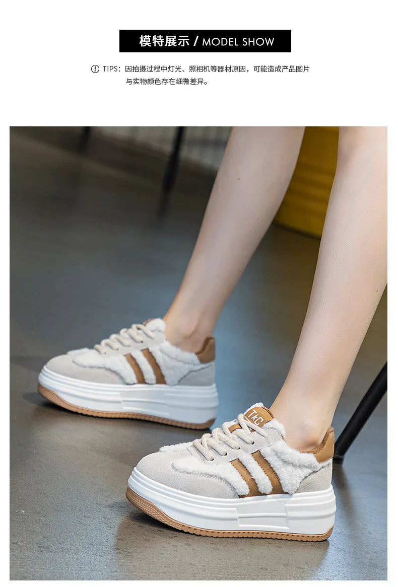 6CM Pink Natural Genuine Leather Fashion Breathable Casual Women's Shoes Platform Warm Plush Winter Autumn Comfy Ankle Booties