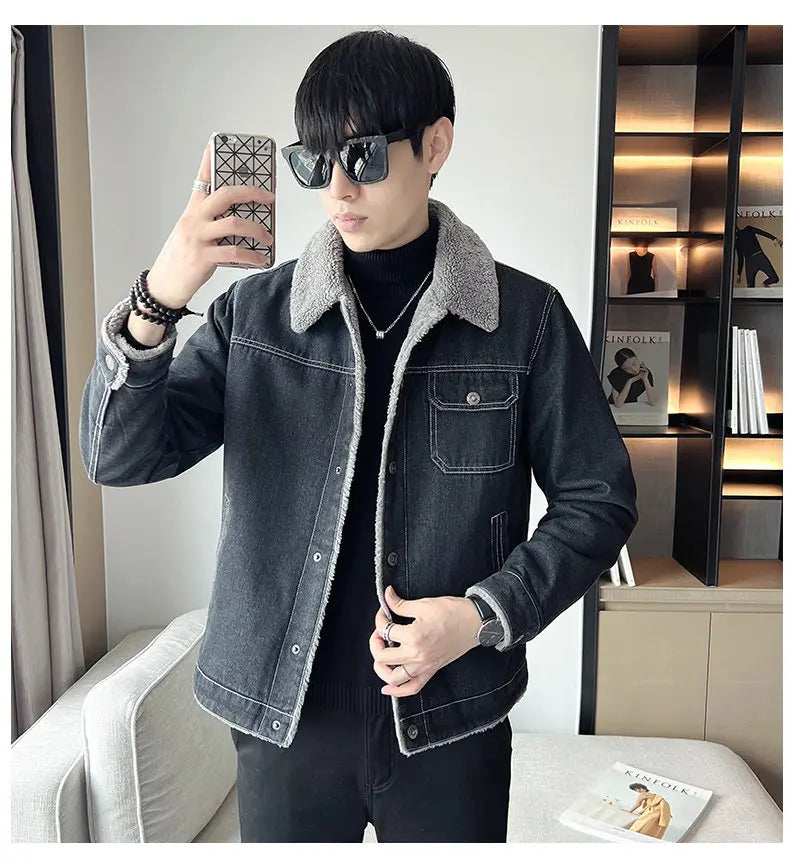 Men Denim Jacket Men Fleece Trendy Winter Velvet Coats 2025 Men Korean Slims Casual Thick Jacket Male Lamb Fur Casual Outerwear