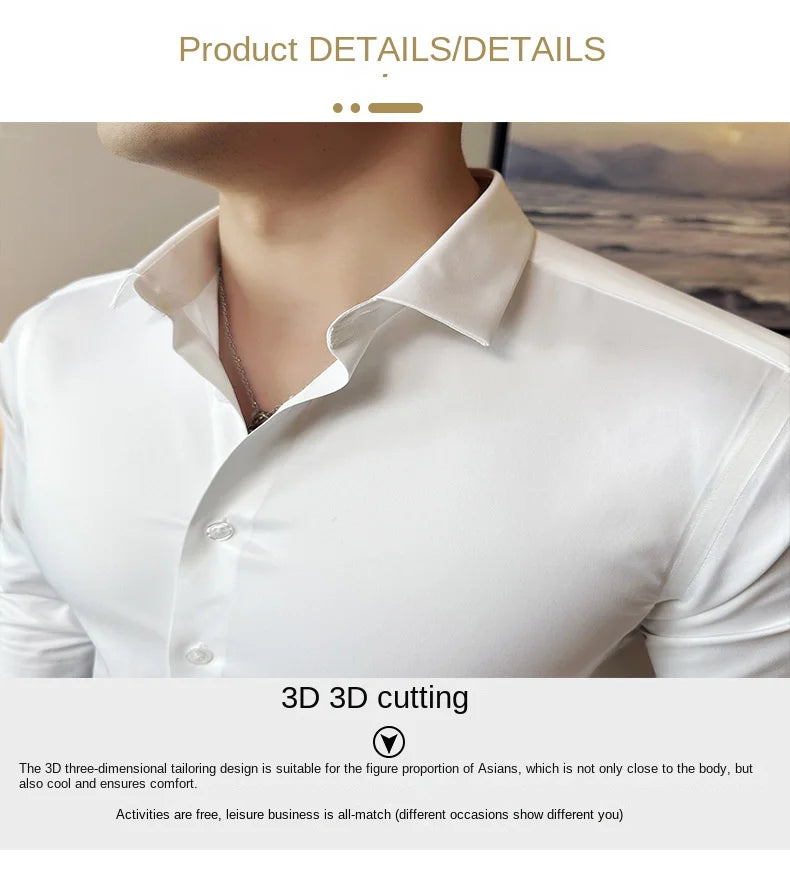 Seamless silk business casual shirt, long sleeved white non ironing elastic silk sliding cross shirt, men's formal wear