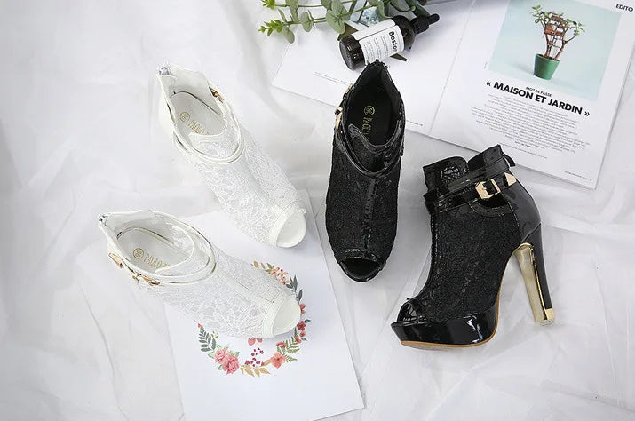 Sexy Mesh Fabric Platform High Heels Boots Sandals Women Peep Toe Nightclub Party Stiletto Female Shoes