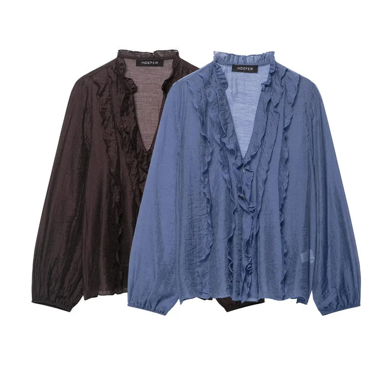 Women Shirt 2025 New Fashion Autumn Long Sleeve Layered Decorative Blouse for Women Casual Chic V-neck Ladies Top